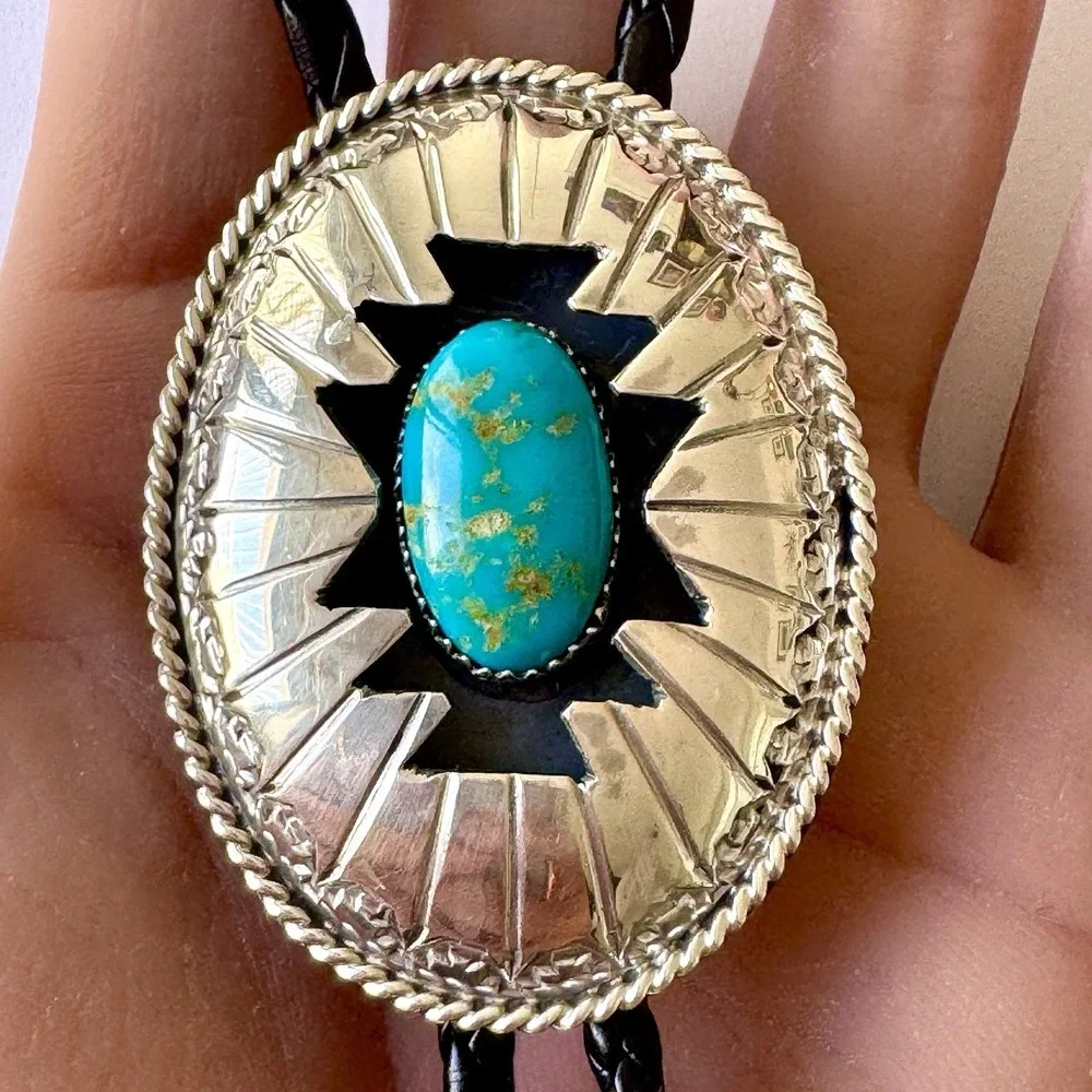 Navajo Turquoise Bolo Tie Rug Shadow Box Signed Wilbert Muskett‎ Sr Sterling